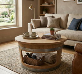 Table basse tonneau 3 ouvertures en chêne massif