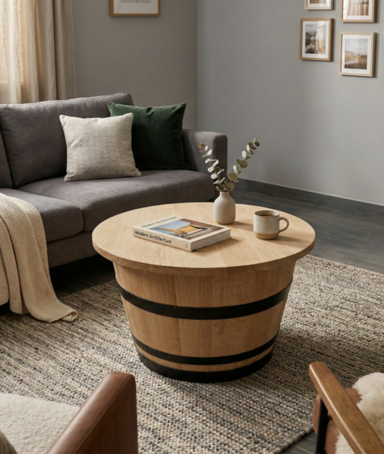 Table basse ronde en tonneau chêne massif 80 cm