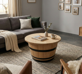 Table basse ronde en tonneau chêne massif 80 cm