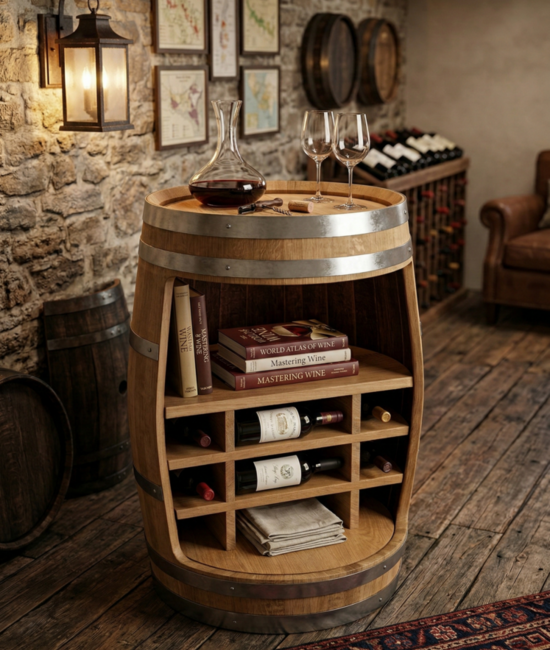 Bar en tonneau chêne massif 94 cm – Meuble cave à vin ouvert – Fabrication artisanale