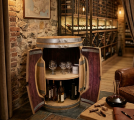 Bar tourniquet en tonneau chêne massif – Meuble bar rotatif artisanal