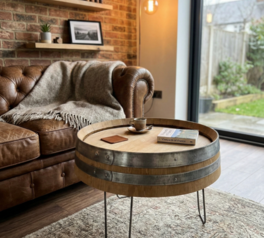 Table basse en tonneau chêne massif 64 cm – Pied métal – Fabrication artisanale