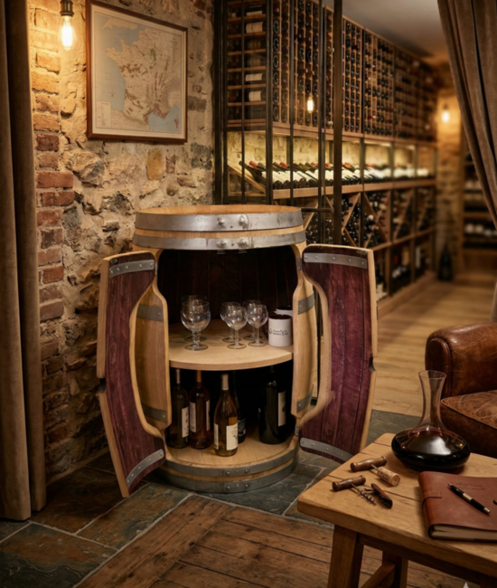Bar tourniquet en tonneau chêne massif – Meuble bar rotatif artisanal