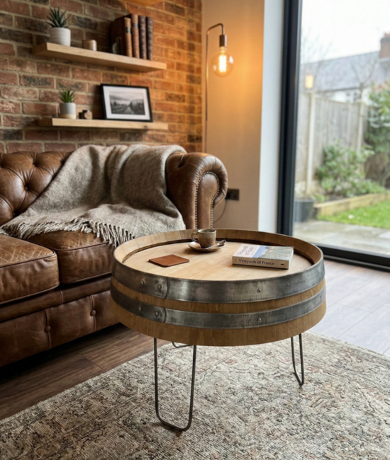 Table basse en tonneau chêne massif 64 cm – Pied métal – Fabrication artisanale